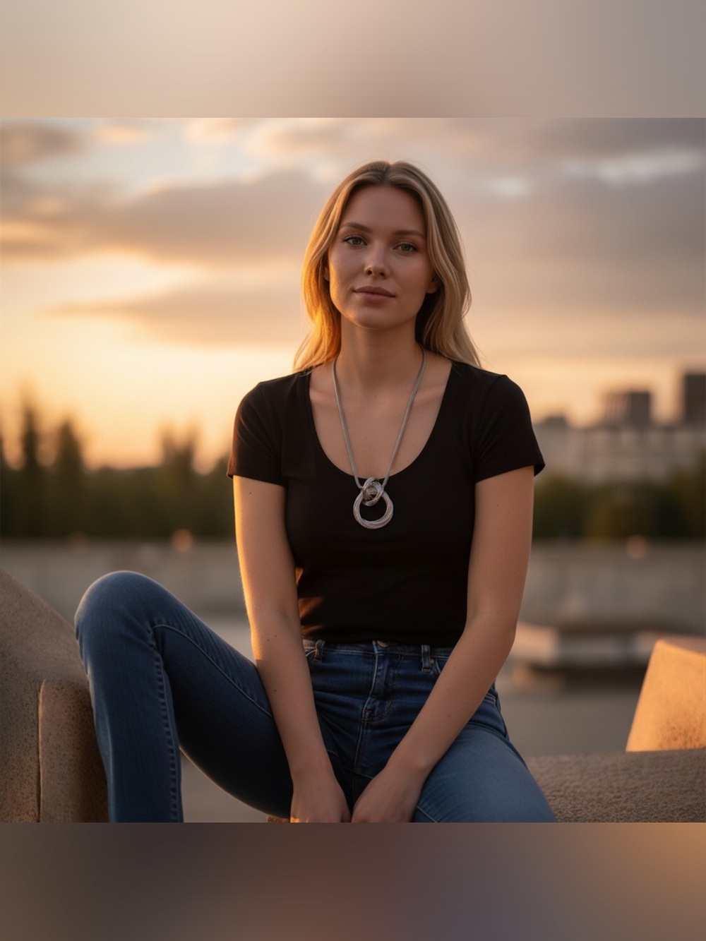 Estate Silver-plated Double Interlocked Circles Pendant Necklace
